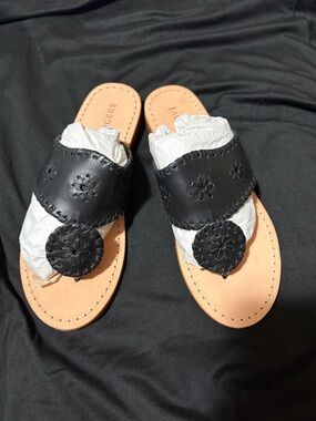 Jack Rogers Black Leather Medallion Slide Sandals with Tan Footbed